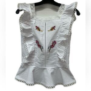 Cliche White Ruffle Cross-stitch Cotton Top Size XS
